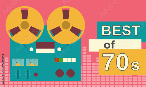 Reel-to-reel tape recorder. Retro banner with reel-to-reel tape recorder and tape. Vector, cartoon illustration.