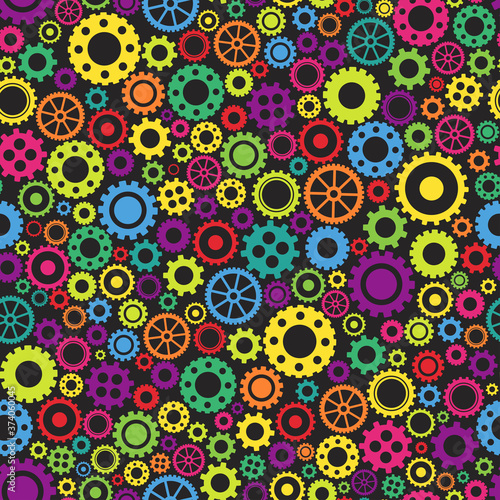Seamless pattern with colorful gears on black background.