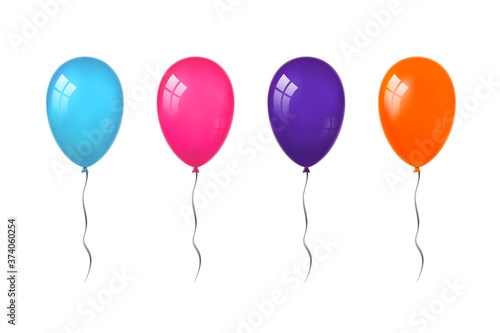 Balloons 3D bunch set  thread  isolated white background. Color glossy flying baloon  ribbon  birthday celebrate  surprise. Helium ballon gift. Realistic shape  design happy bday Vector illustration