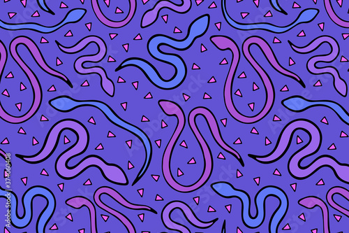Bright snake vector seamless pattern. Hand drawn repeated reptile illustration for fabric, textile, background, wallpaper, wrapping paper. 