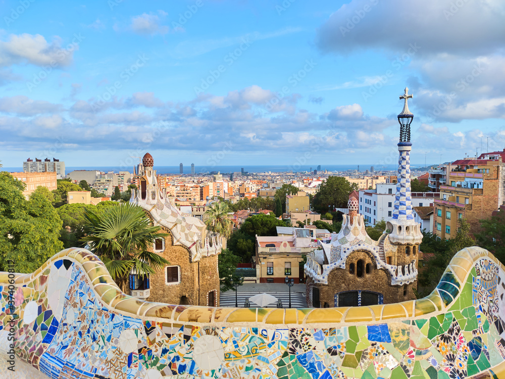 The monumental zone of Park Guell in Barcelona, Spain