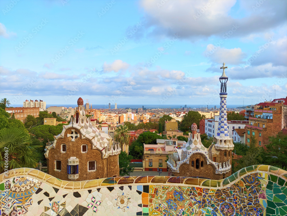 The monumental zone of Park Guell in Barcelona, Spain