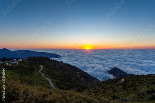 Beautiful view of sunset from Gomismta mountiain. Up in the air