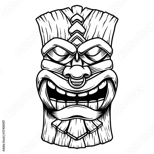 Illustration of Tiki tribal wooden mask. Design element for logo, emblem, sign, poster, card, banner. Vector illustration