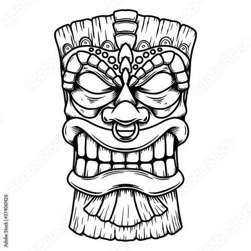 Illustration of Tiki tribal wooden mask. Design element for logo, emblem, sign, poster, card, banner. Vector illustration