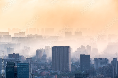 Chengdu backlight skyline aerial view with clouds on the city  Sichuan province  China