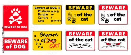 
Danger, warning. Slogan beware of the dog, beware of the cat sign Vector love animals footprints, steps, foot, feet, footsteps pictogram label for hound, puss, pussy, woof, meow quote. Caution signs
