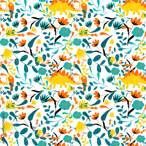 Childish Seamless Pattern with Hand Drawn Dinosaur in Scandinavian Style in Vector
