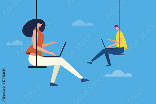 People sitting on a swing and working with laptop in an open sky. Concept for cloud computing