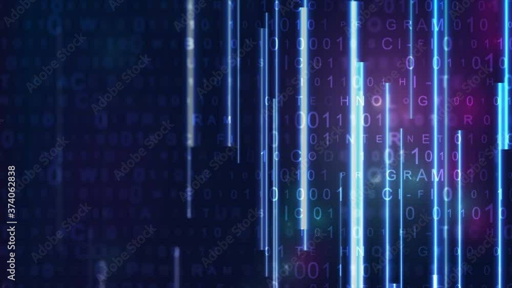 Futuristic technology neon abstract motion background with binary code numbers, letters and glowing laser lines. Seamless looping. Video animation Ultra HD 4K 3840x2160