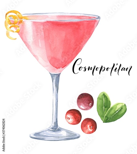 Watercolor pink cosmopolitan cocktail with cranberries  isolated on white background. Watercolour drink illustration.