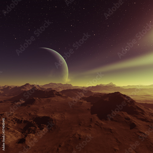 3d rendered Space Art  Alien Planet - A Fantasy Landscape with dark skies and clouds