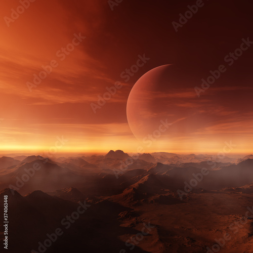 3d rendered Space Art: Alien Planet - A Fantasy Landscape with red skies and clouds