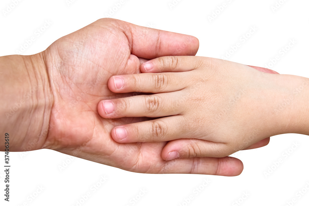 Asian little girl child in her mother's hand isolated on white background , clipping path Asian little girl child in her mother's hand isolated on white background , clipping path