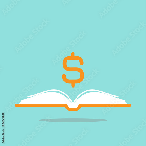 Open book with orange dollar sign flying out isolated on blue background.