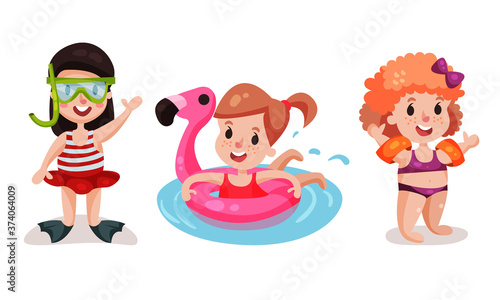 Little Girls Wearing Beach Wear with Rubber Ring and Inflatable Armbands Swimming and Playing Vector Illustration Set
