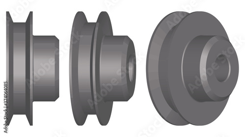 Round belt pulley. Machine parts. 3D effect vector