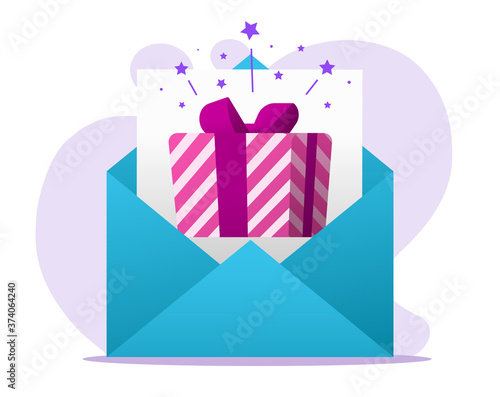 Email online gift letter message received vector, electronic digital mail with present surprise box win in envelope flat cartoon illustration, fun party invitation icon modern design