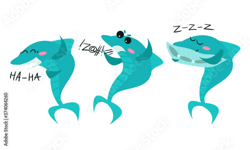 Humanized Shark Laughing, Sleeping and Scolding Vector Set