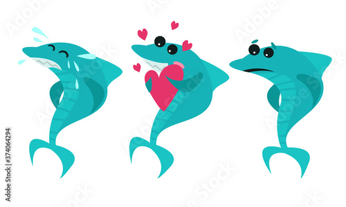 Humanized Shark Crying, Holding Heart and Feeling Sadness Vector Set