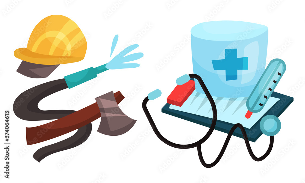 Profession Attributes Composition with Fireman Instruments and Doctor Tools Vector Set Profession Attributes Composition with Fireman Instruments and Doctor Tools Vector Set