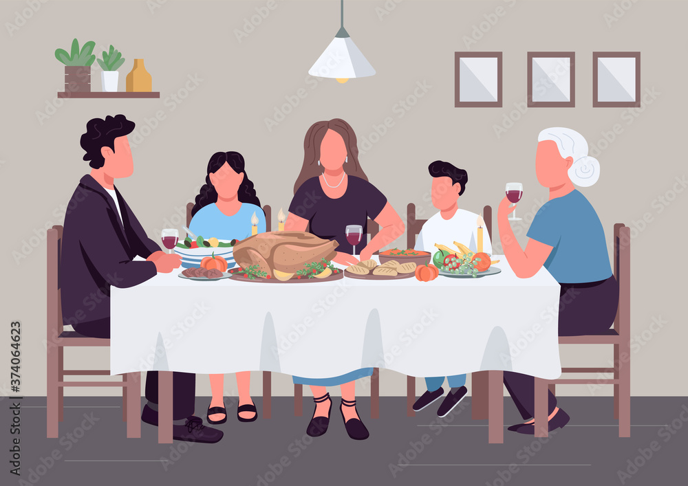 Caucasian family dinner flat color vector illustration. People eat meal together. Holiday lunch. Relatives generation at table 2D cartoon characters with household interior on background