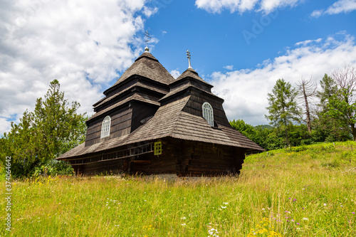 Church of the Archangel Michael, Uzhok, Ukraine, Transcarpathia, built in 1745. The wooden monument of church architecture is a UNESCO World Heritage Site. Church of the Archangel Michael - UNESCO.