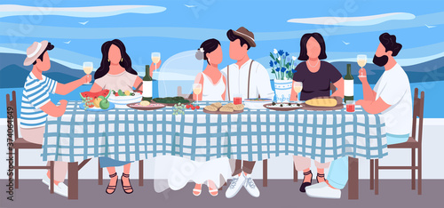 Greek wedding flat color vector illustration. Groom and bride at table with friends. Banquet for festive dinner. Celebrate together. Relative 2D cartoon characters with landscape on background