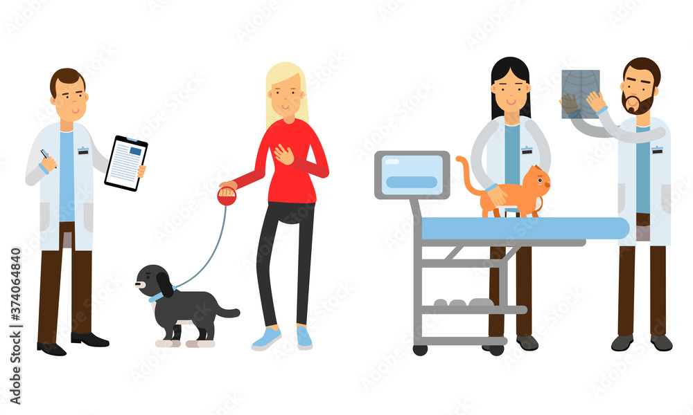 Woman Bringing Her Pet for Vet Examination Vector Illustration Set