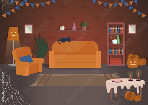 Halloween house decoration semi flat vector illustration. Traditional holiday celebration place. Pumpkin lights. Trick or treat game at home. Festive 2D cartoon interior for commercial use