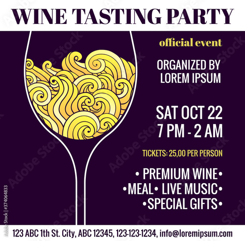 Wine tasting party flyer with stylized glass of white wine with swirls inside. Degustation invitation. EPS 10 vector design template.