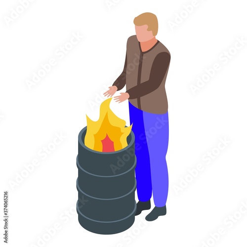 Jobless man at fire barrel icon. Isometric of jobless man at fire barrel vector icon for web design isolated on white background