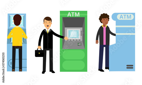 Young Man Characters Using Electronic Self Service Terminals and ATM Machine Vector Illustration Set