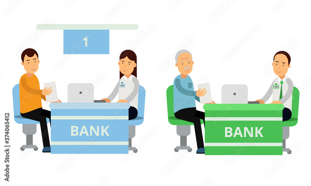 Bank Customers and Staff Serving Clients Vector Illustration Set