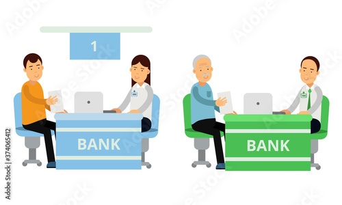 Bank Customers and Staff Serving Clients Vector Illustration Set