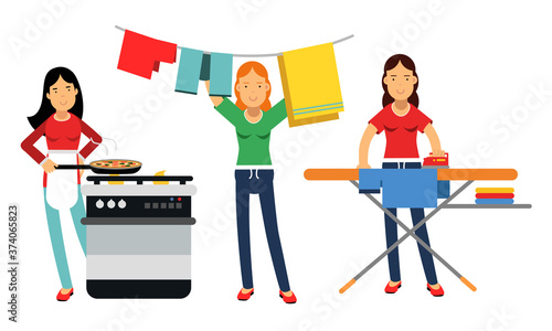 Energetic Housewife Cooking, Ironing and Hanging out the Laundry Vector Illustration Set