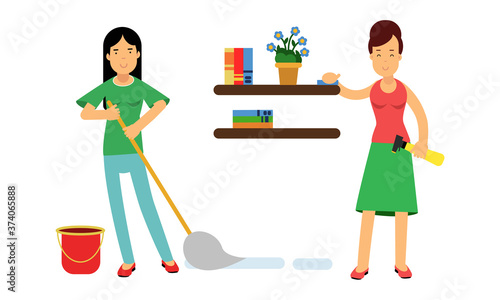 Energetic Housewife Mopping the Floor and Dusting Shelves Vector Illustration Set