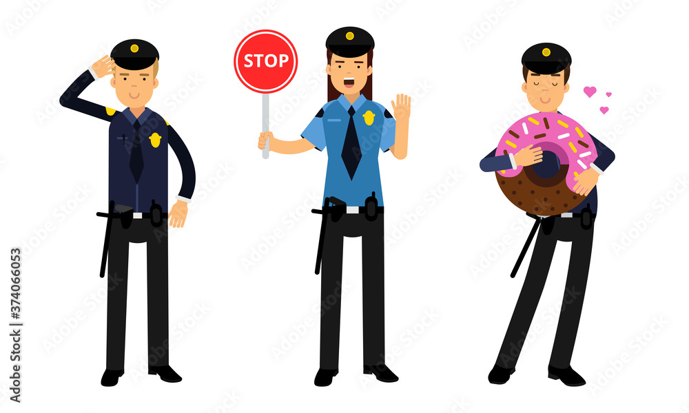 Young Woman as Police Officers with Truncheon and Pistol Controlling Traffic and Man Eating Huge Doughnut Vector Illustration Set