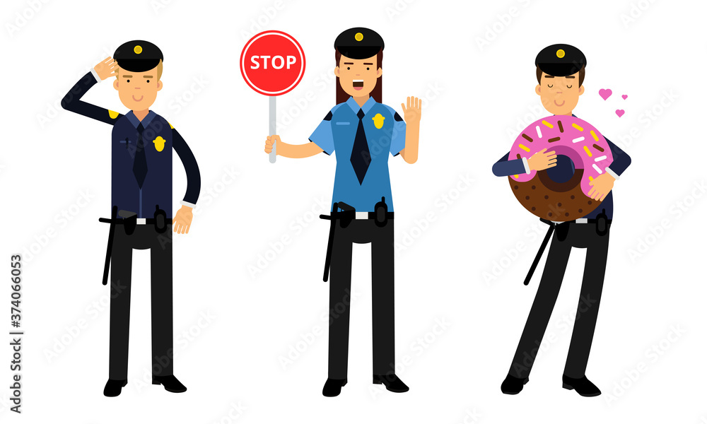 Young Woman as Police Officers with Truncheon and Pistol Controlling Traffic and Man Eating Huge Doughnut Vector Illustration Set Young Woman as Police Officers with Truncheon and Pistol Controlling Traffic and Man Eating Huge Doughnut Vector Illustration Set