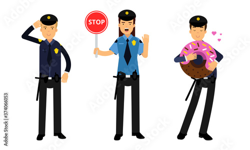 Young Woman as Police Officers with Truncheon and Pistol Controlling Traffic and Man Eating Huge Doughnut Vector Illustration Set