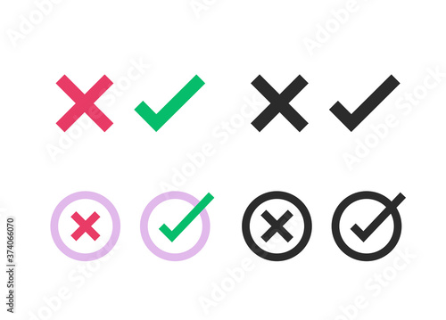 Poll vote, right and wrong, yes no circle checkbox list icons vector flat isolated, x close cross, ok round check mark box button form element, approved declined decision, accept deny black white