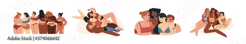 Collection of body positive diverse women cuddle together. Set of different handicapped and normal girls with black skin or vitiligo in lingerie. Flat vector cartoon illustration isolated on white