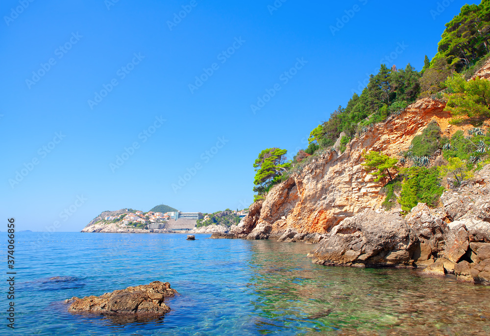 Adriatic Sea Coast in Croatia . Touristic resort on the rocky seaside 