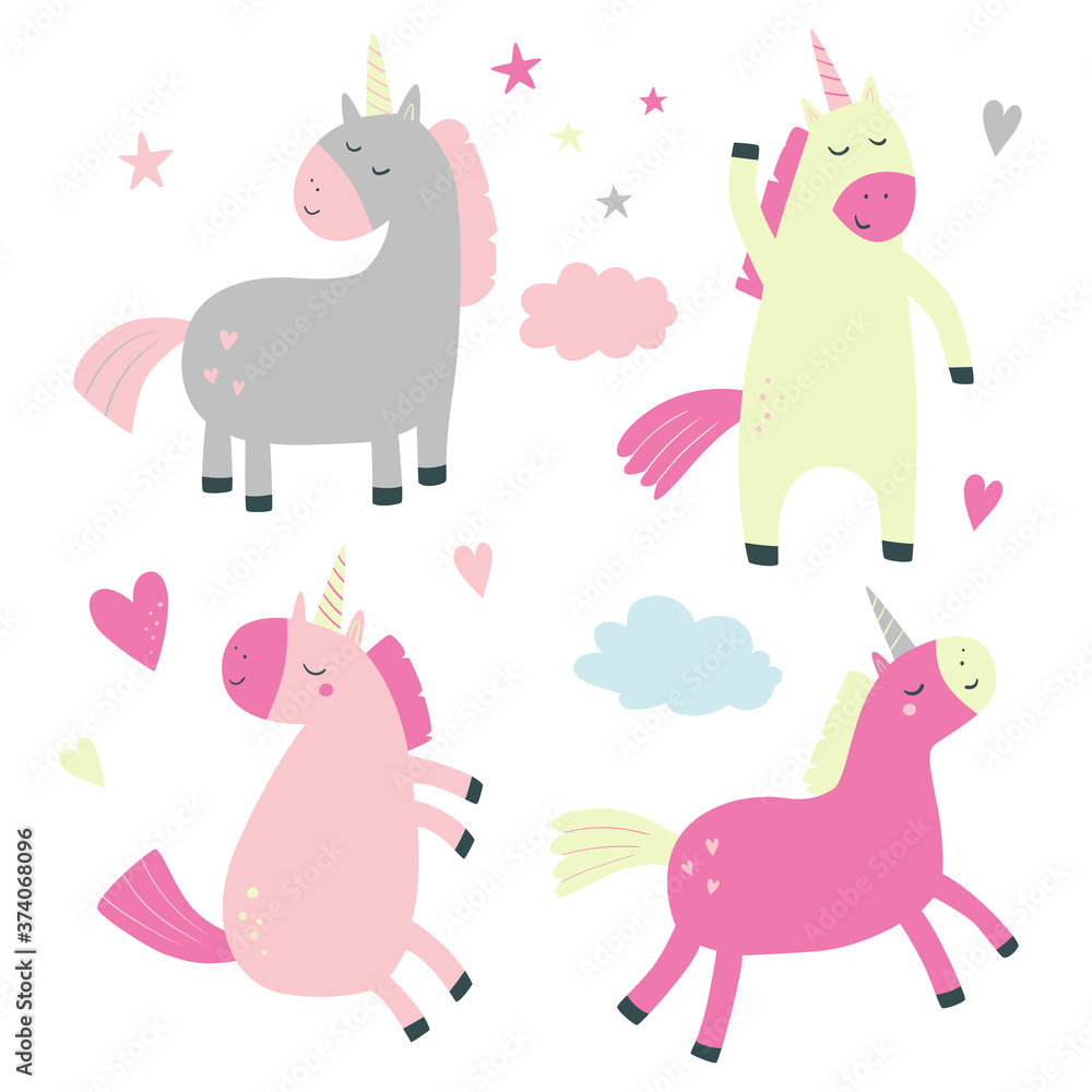 Vector set with unicorns, clouds, stars, hearts. Children's illustration in flat style. Illustration for creating seamless patterns, printing on a postcard, clothes. Vector set with unicorns, clouds, stars, hearts. Children's illustration in flat style. Illustration for creating seamless patterns, printing on a postcard, clothes.
