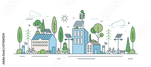 Cityscape with modern eco friendly technology vector illustration in line art style. Municipal area with ecology transport, wi-fi zone, natural park and solar energy equipment isolated on white