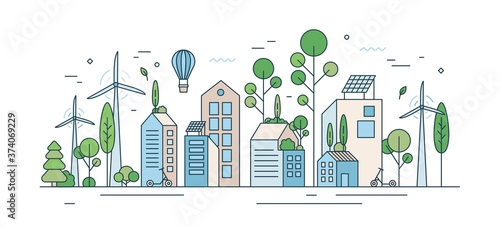 Cityscape with environmentally friendly technology or ecology protection vector illustration in line art style. City landscape with solar energy equipment, kick scooter and wind power isolated