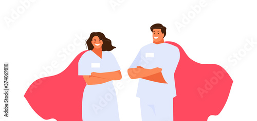 Doctors man and woman in cloaks of superheroes vector characters. Medicine and healthcare
