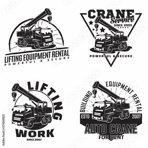 Set of vintage Heavy crane machine typographyv emblems