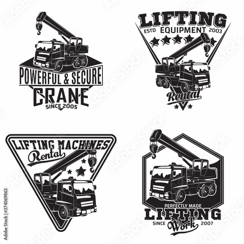Set of vintage Heavy crane machine typographyv emblems