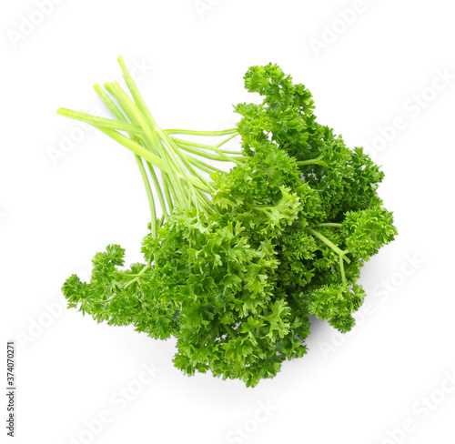Fresh green curly parsley on white background, top view